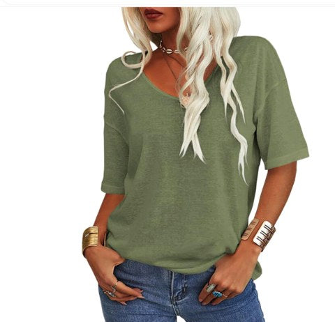 Front view of a versatile women's u-neck relaxed fit tee, great for casual warm weather.