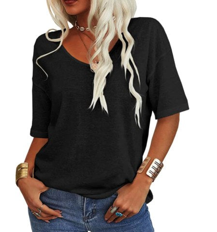 Simple women's relaxed u-neck tee, a classic short sleeve lightweight top for summer.