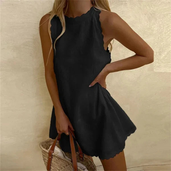 Chic Karina Linen dress with red cotton O-neck. Comfortable, stylish women's summer dress for everyday wear.