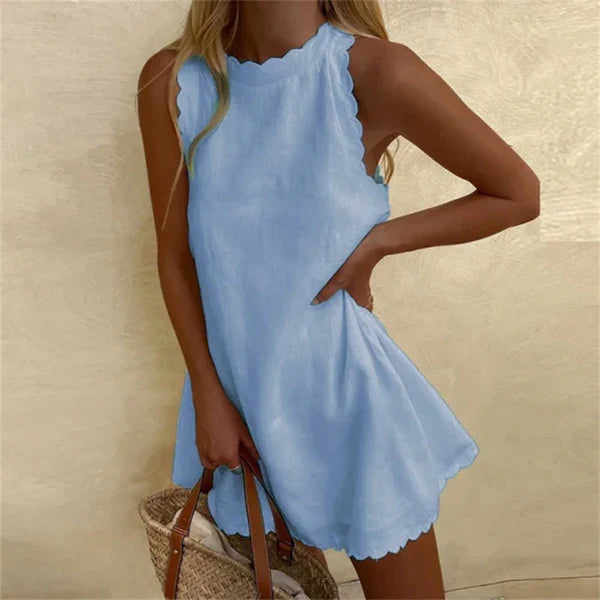 Versatile knee-length Karina Linen dress with red O-neck for women. Perfect comfortable casual summer wear.