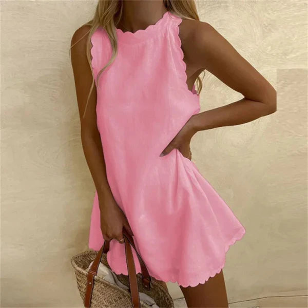 Stylish women's O-neck dress, Karina Linen with red trim. Relaxed fit, comfortable for summer and everyday wear.