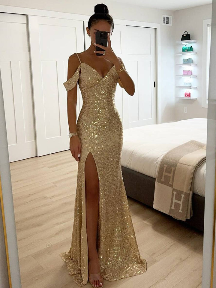 Stunning sequin maxi dress for women, featuring a deep V-neck, long length, and high slit for party wear.