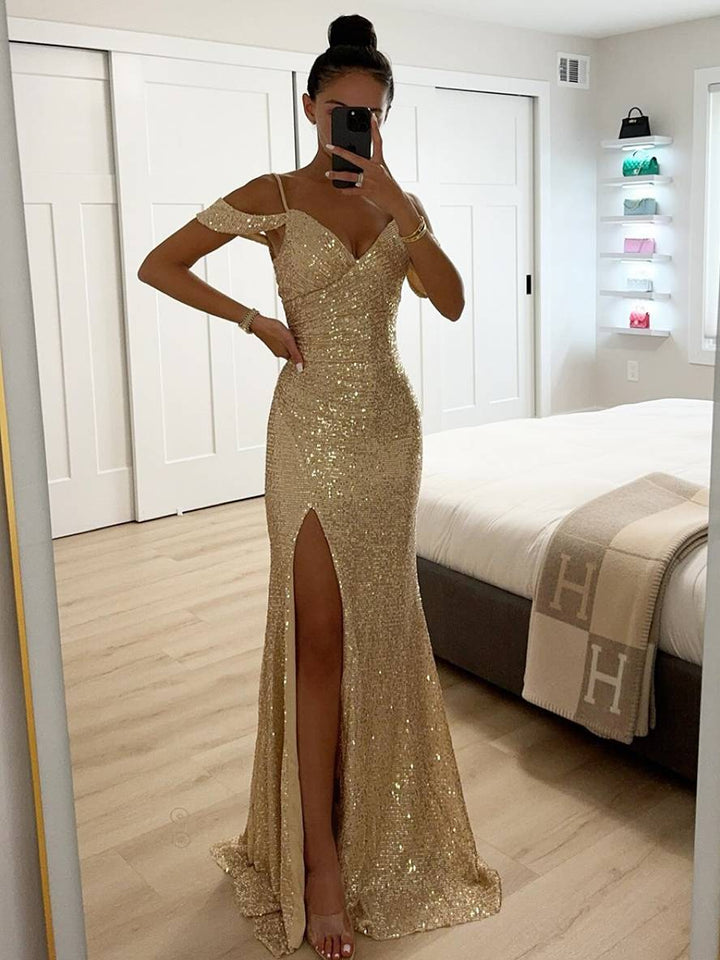Sparkling women's V-neck sequin formal gown with a flattering slit, ideal for special occasions & parties.