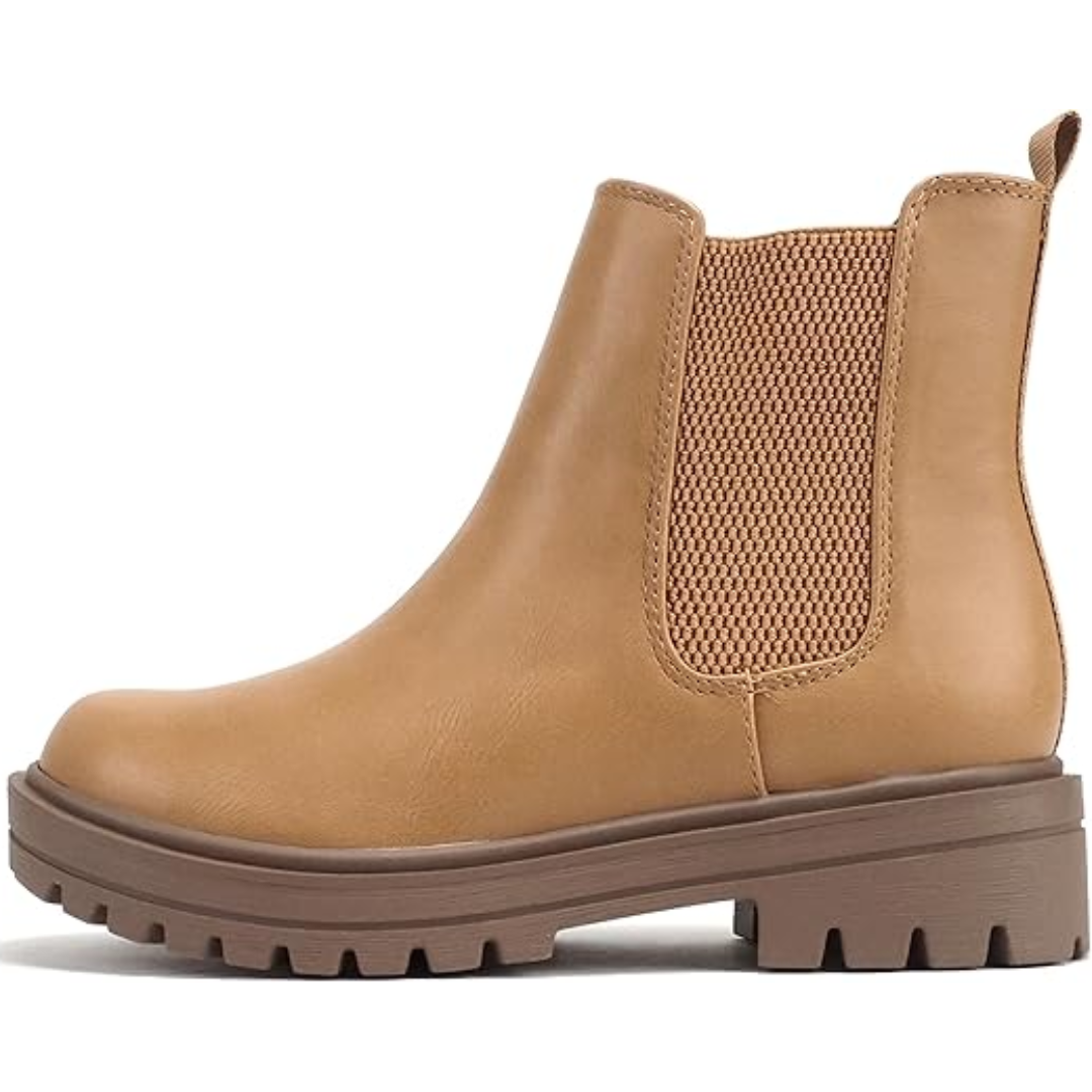 Women's low heel Chelsea ankle boots with elastic side panels. Versatile fashion footwear for everyday wear.