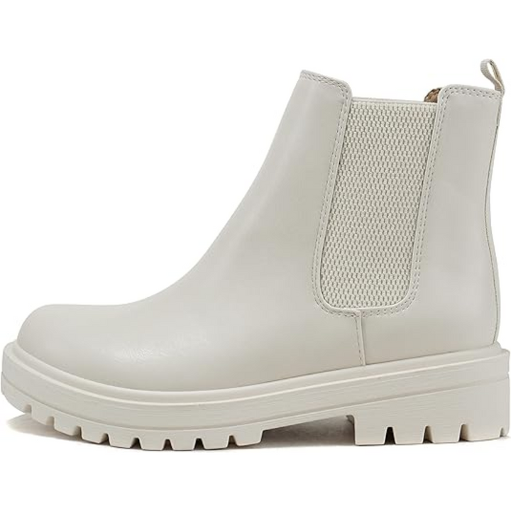 Side view of women's low heel Chelsea ankle boots. Classic design, perfect casual boots for everyday wear.