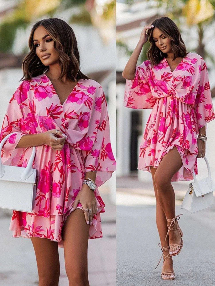 Fashion-forward V-neck mini dress, an elegant women's piece for versatile summer and spring events.