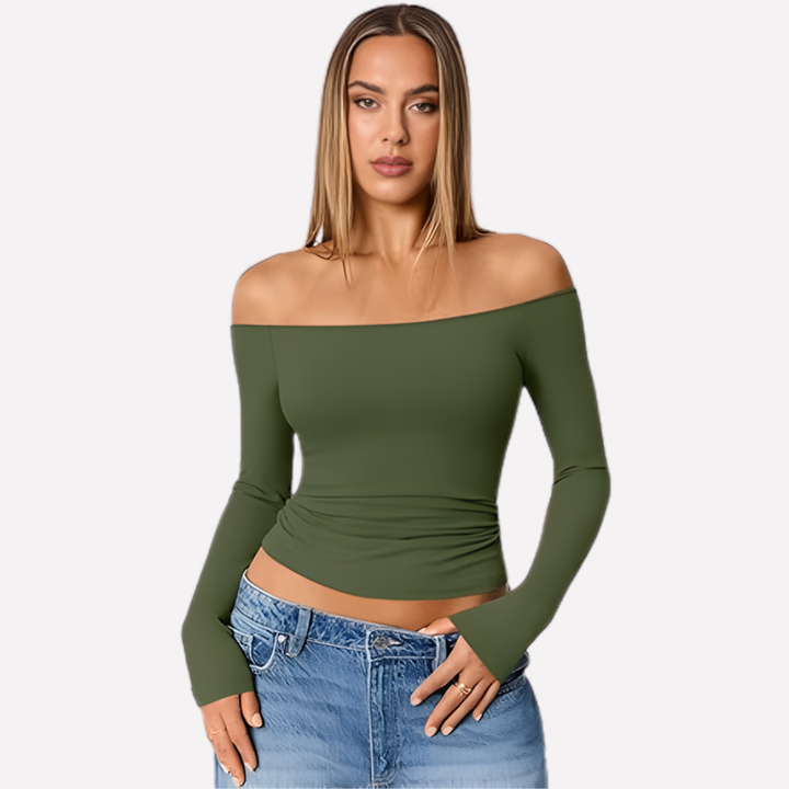 Chic off-shoulder long sleeve top for women, relaxed fit, perfect for casual or stylish everyday wear.