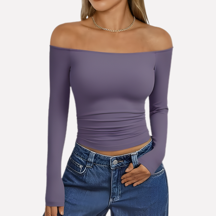 Women's apparel: chic off-shoulder long sleeve top, relaxed fit blouse, versatile for spring/fall style.
