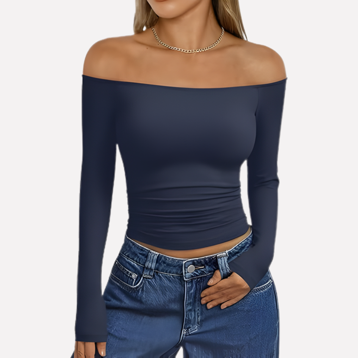 Pair with jeans: women's chic off-shoulder long sleeve top, relaxed fit, casual and stylish for daily wear.