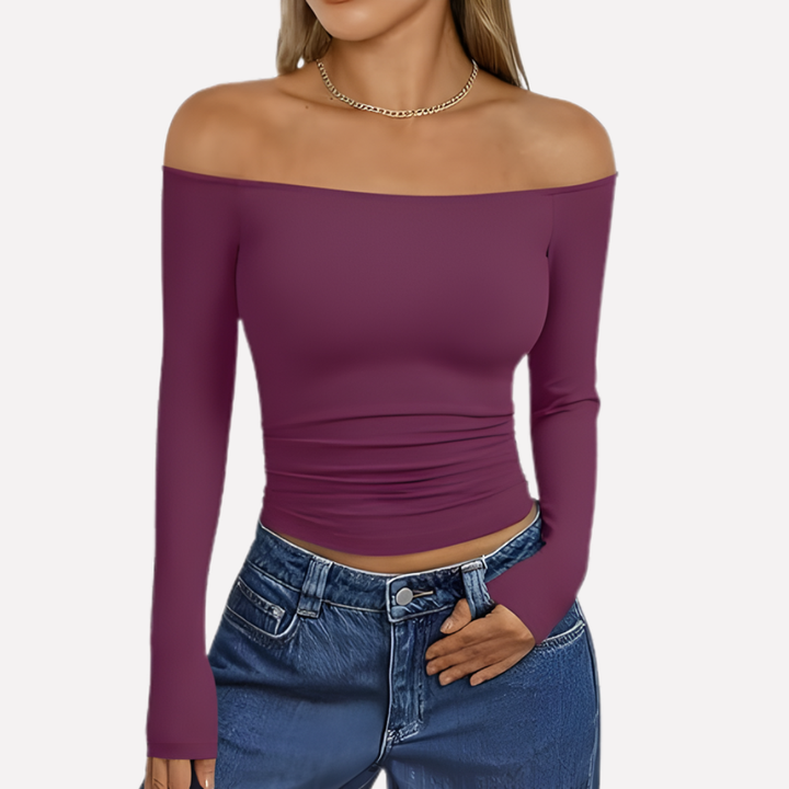 Chic women's long sleeve off-shoulder top, relaxed fit, versatile blouse for effortless spring/fall style.