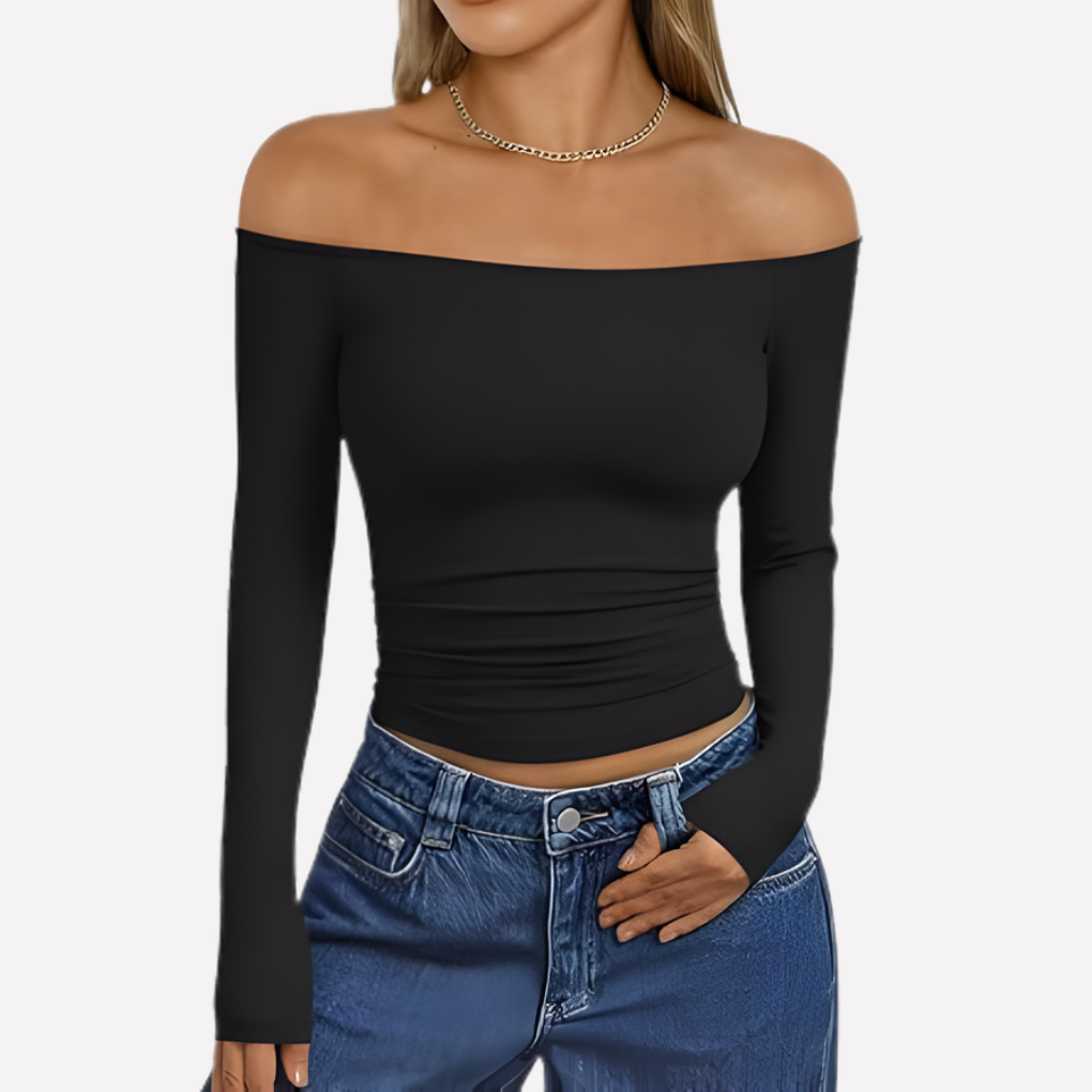 Soft-touch women's off-shoulder long sleeve blouse, relaxed fit, great for everyday stylish comfort.