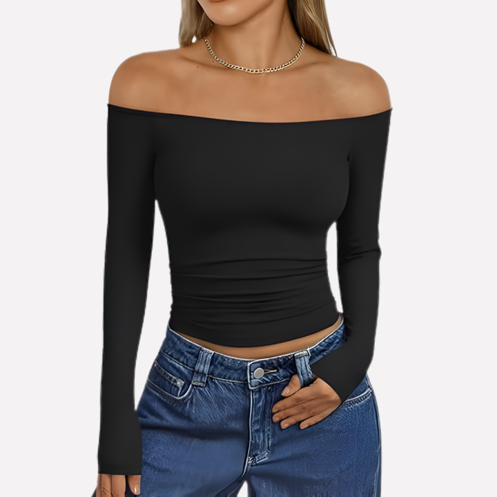 Soft-touch women's off-shoulder long sleeve blouse, relaxed fit, great for everyday stylish comfort.