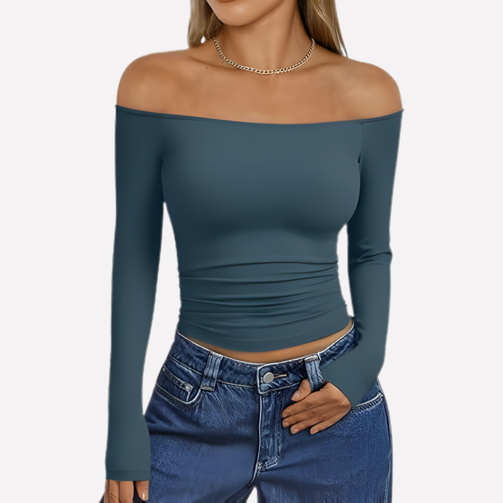 Versatile women's off-shoulder long sleeve top, chic relaxed fit, easily dresses up or down for any occasion.