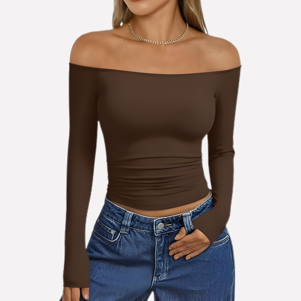 Comfortable women's relaxed fit off-shoulder long sleeve top, chic and stylish for everyday fashion.