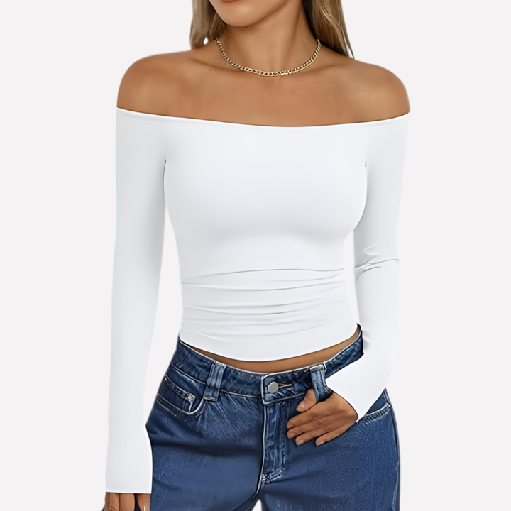 Women's chic off-shoulder long sleeve top, relaxed fit blouse, versatile for casual spring & fall fashion.