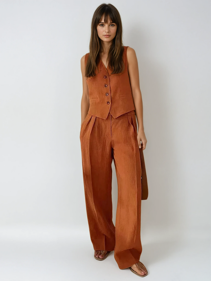 Chic women's orange cotton linen two-piece set with wide-leg pants and waistcoat.