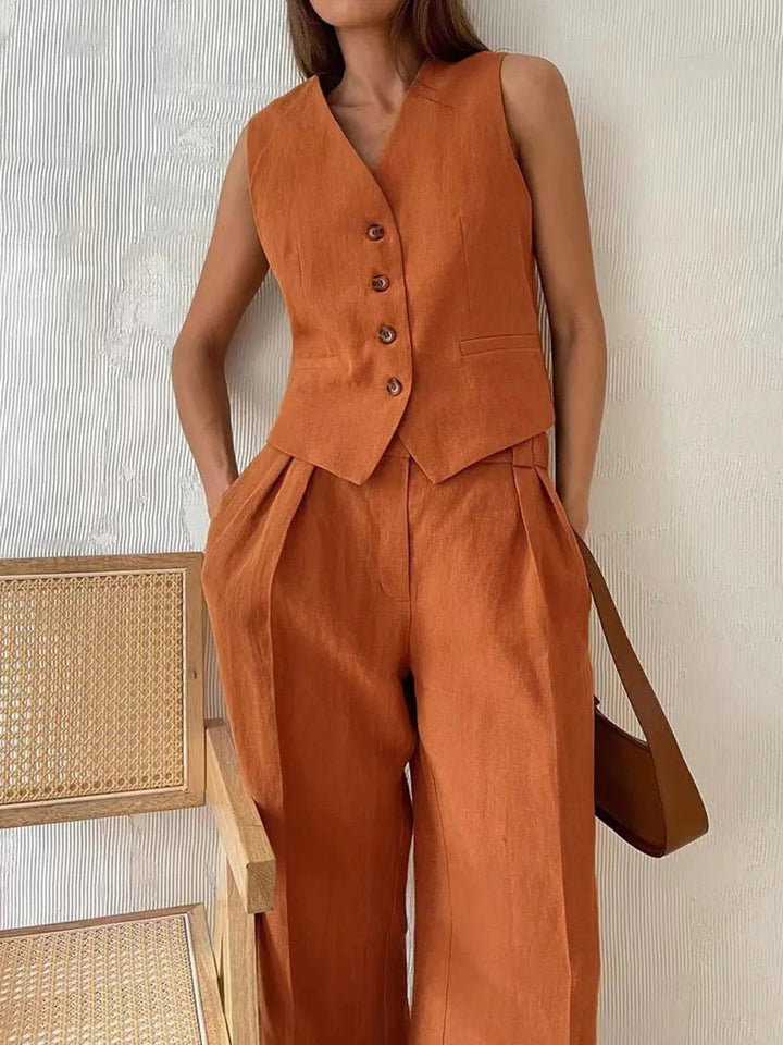 Stylish women's black two-piece set: comfortable cotton linen waistcoat and pants.
