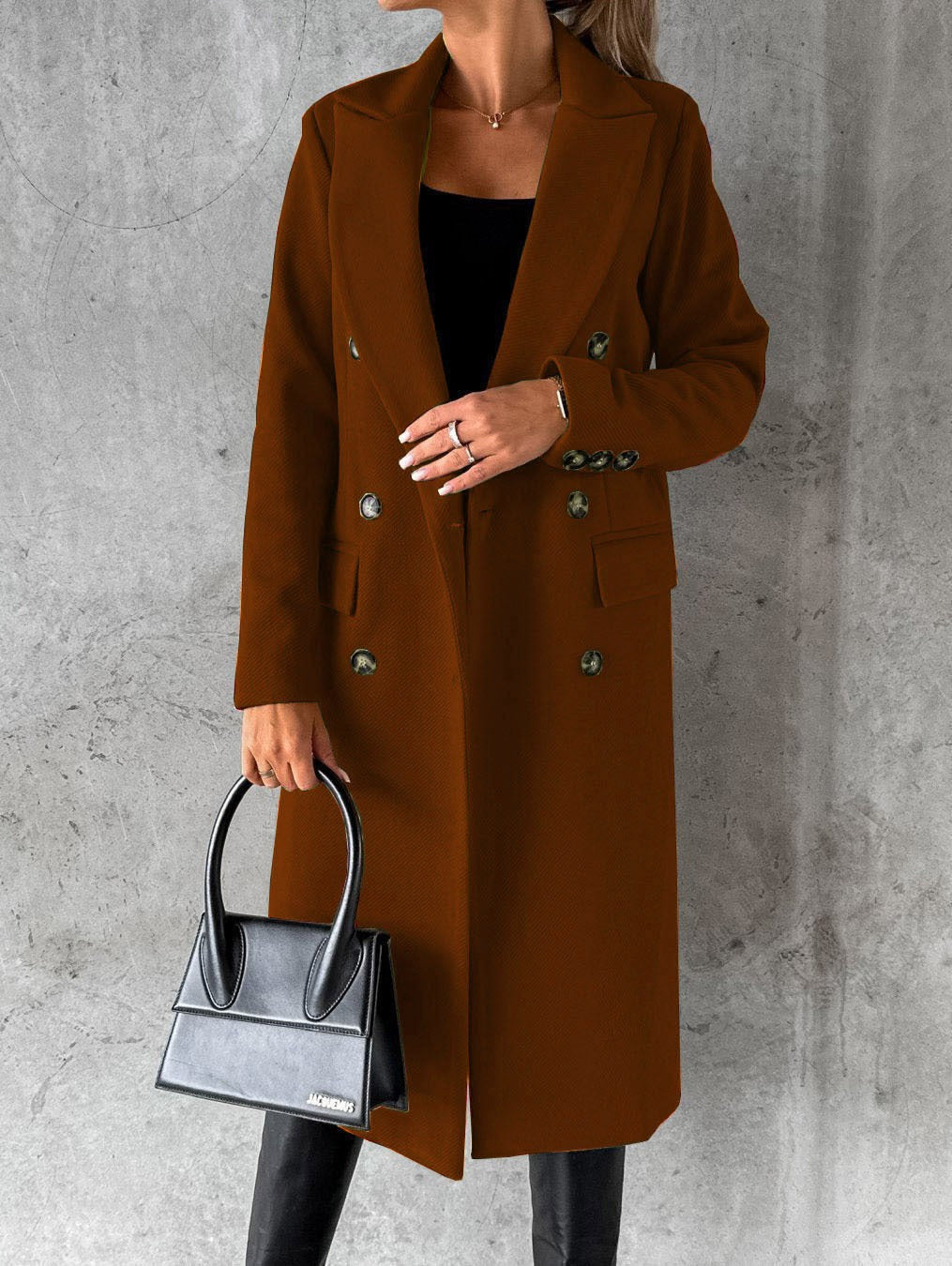 Chic women's oversize long winter jacket in brown, perfect for urban style & comfort.