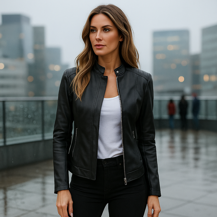 Chic women's slim fit jacket with a modern Mao collar and front zipper closure. Elegant transitional outerwear.