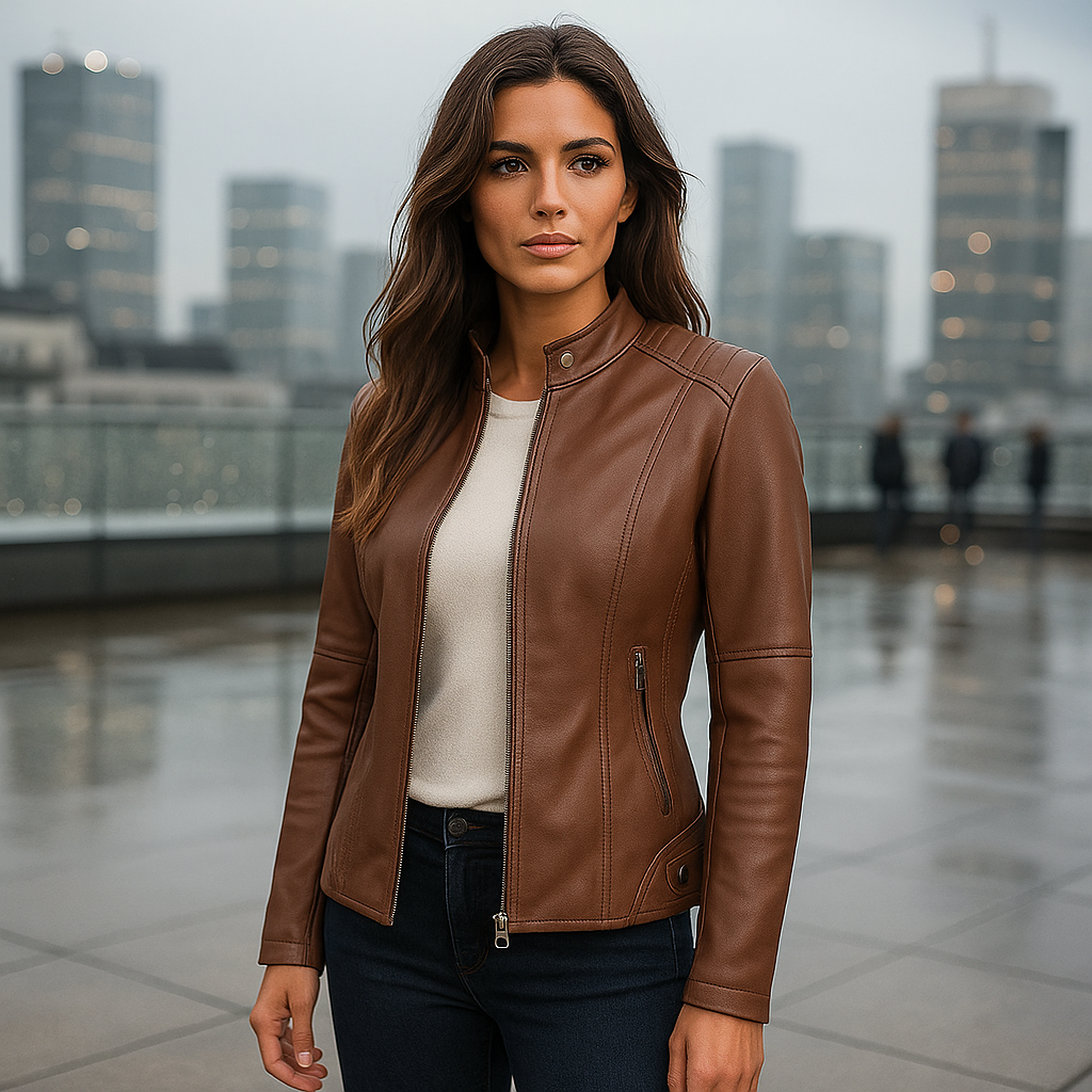 Elegant women's slim fit jacket featuring a stylish Mao collar and full zipper. Perfect for chic fashion.