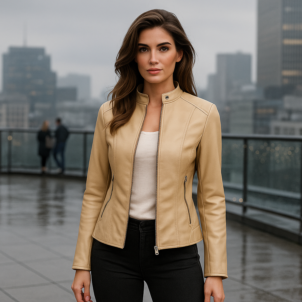 Fashionable women's chic jacket. Slim fit design with a unique Mao collar and convenient zipper. Hip length.