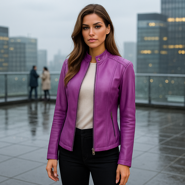 Stylish women's Mao collar jacket. Slim fit, zipper closure, perfect for elegant and chic transitional outerwear.