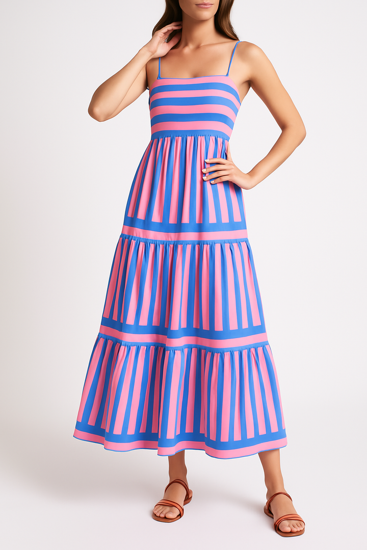 Chic women's striped maxi summer dress, perfect for casual beach days and boho style.
