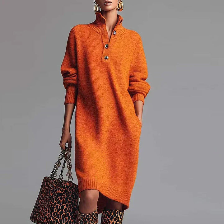 Chic women's turtleneck midi winter dress, perfect for casual autumn days.