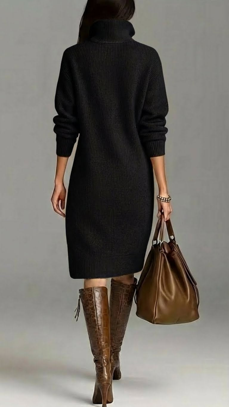 This casual knit dress features a turtleneck and midi silhouette for winter.