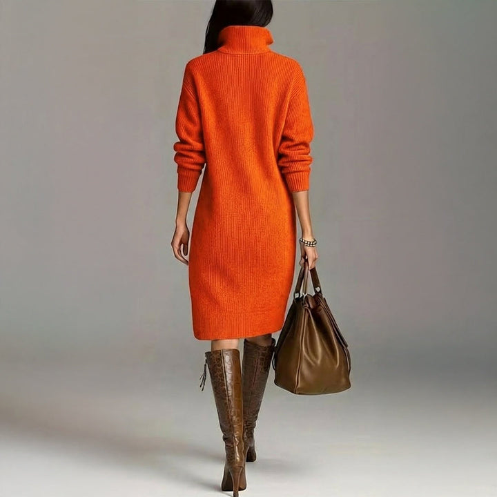 Cozy long sleeve knit winter dress with a stylish turtleneck and midi length.