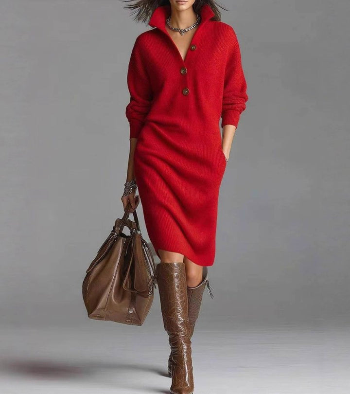 Versatile women's winter dress: midi length, turtleneck, and casual chic design.