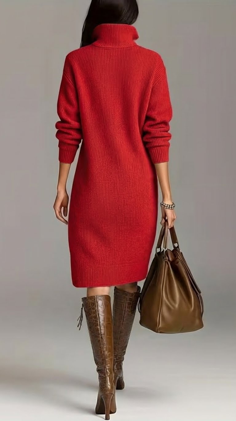 Stay warm and stylish in this women's knit midi dress with a flattering turtleneck.
