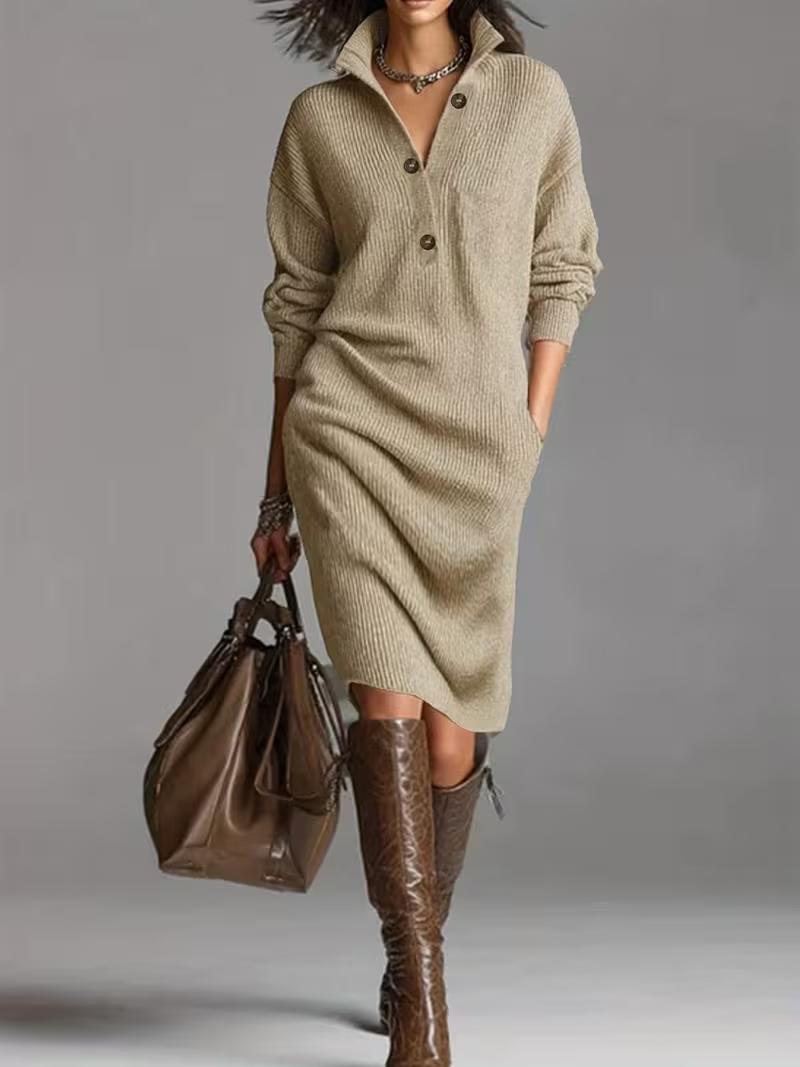 Effortless autumn style with a women's casual long sleeve turtleneck midi dress.