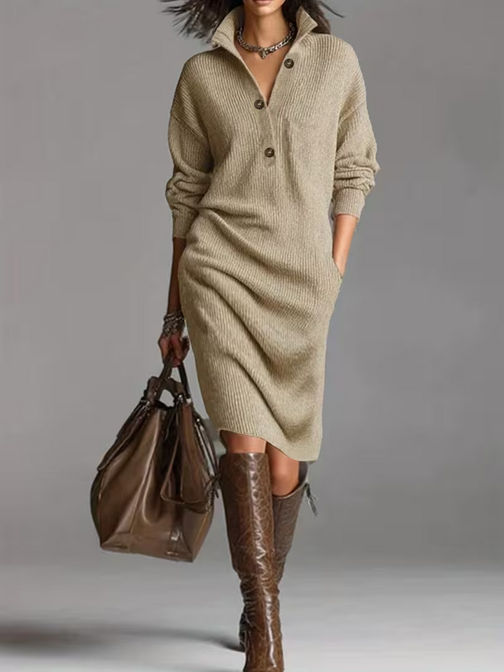 Effortless autumn style with a women's casual long sleeve turtleneck midi dress.