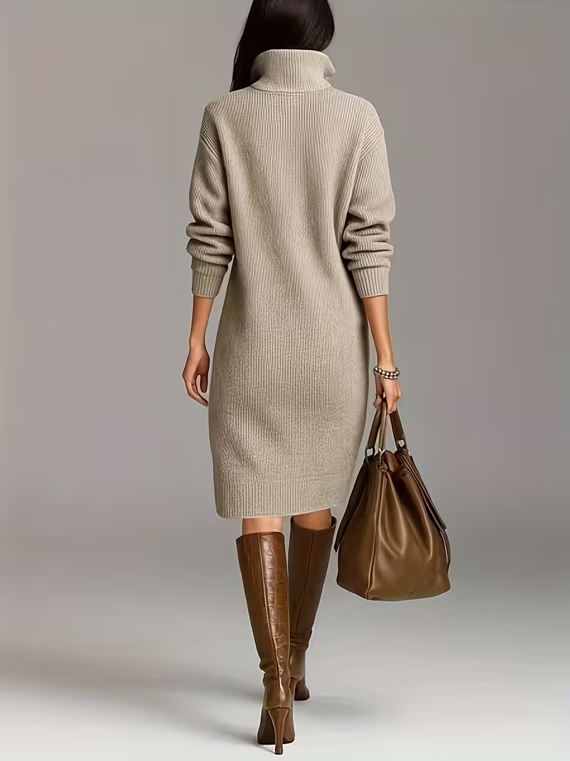 Discover comfort and style in this women's winter turtleneck midi dress.