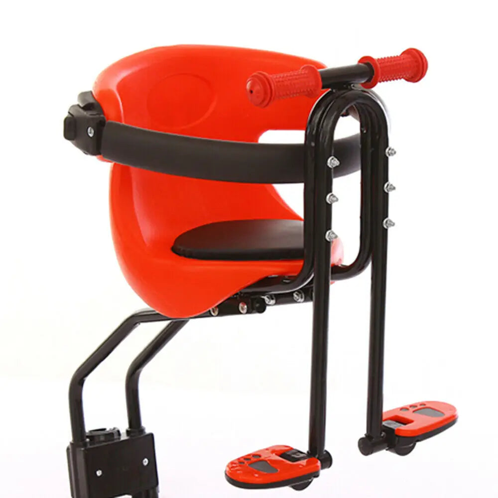 Comfortable kids' front bike seat for mountain biking. Durable design for outdoor family adventures on trails.
