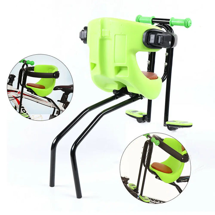 Green front child bike seat for mountain bikes, offering a safe and comfy ride for kids on outdoor trails.