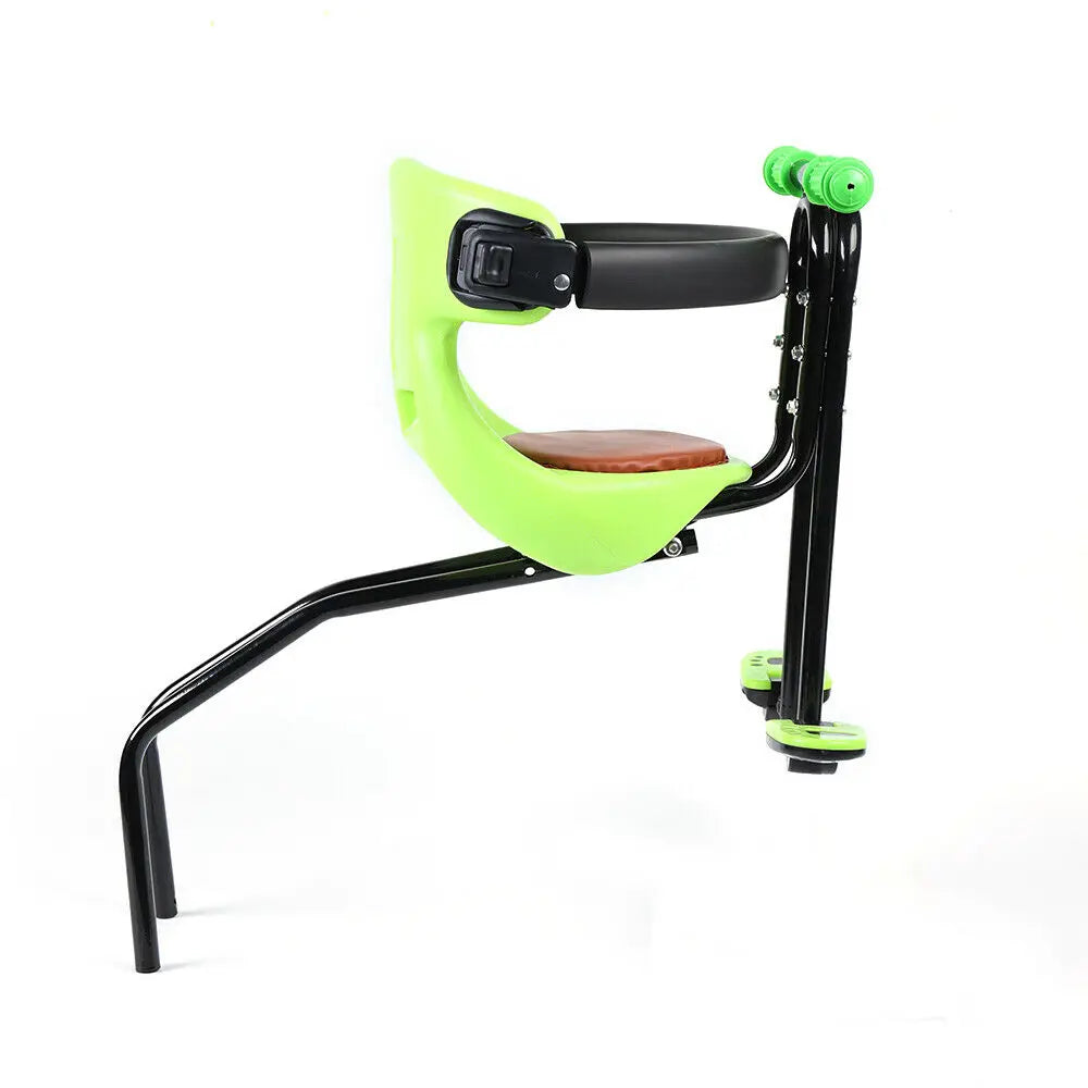 Red front-mounted kids' bike seat, perfect for mountain bike adventures. Secure & comfortable for young cyclists.