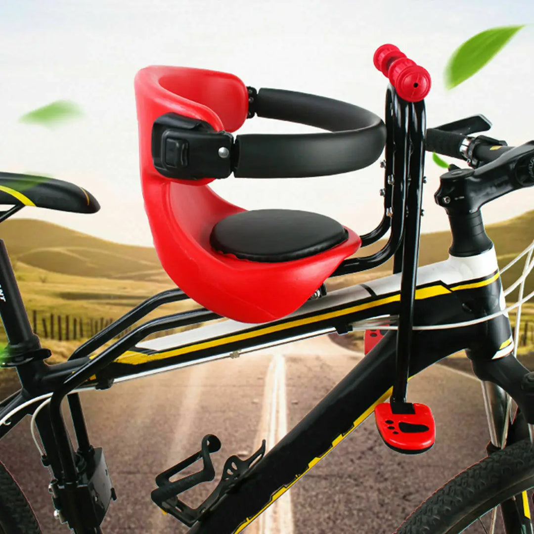 Durable front child bike seat for mountain bikes. Safe, comfortable cycling for kids on family outdoor adventures.