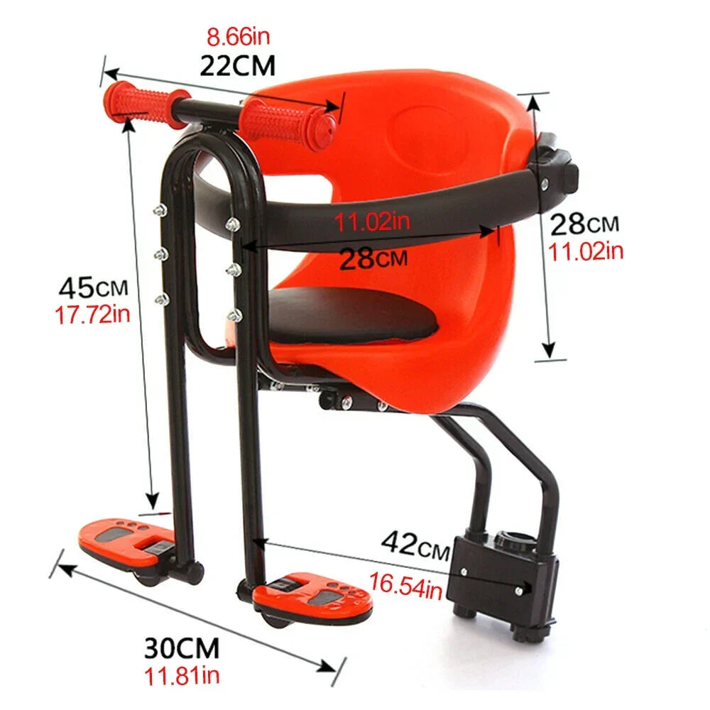 Safe & comfy front child bike seat for mountain bikes. Durable, green & red options for family cycling adventures.