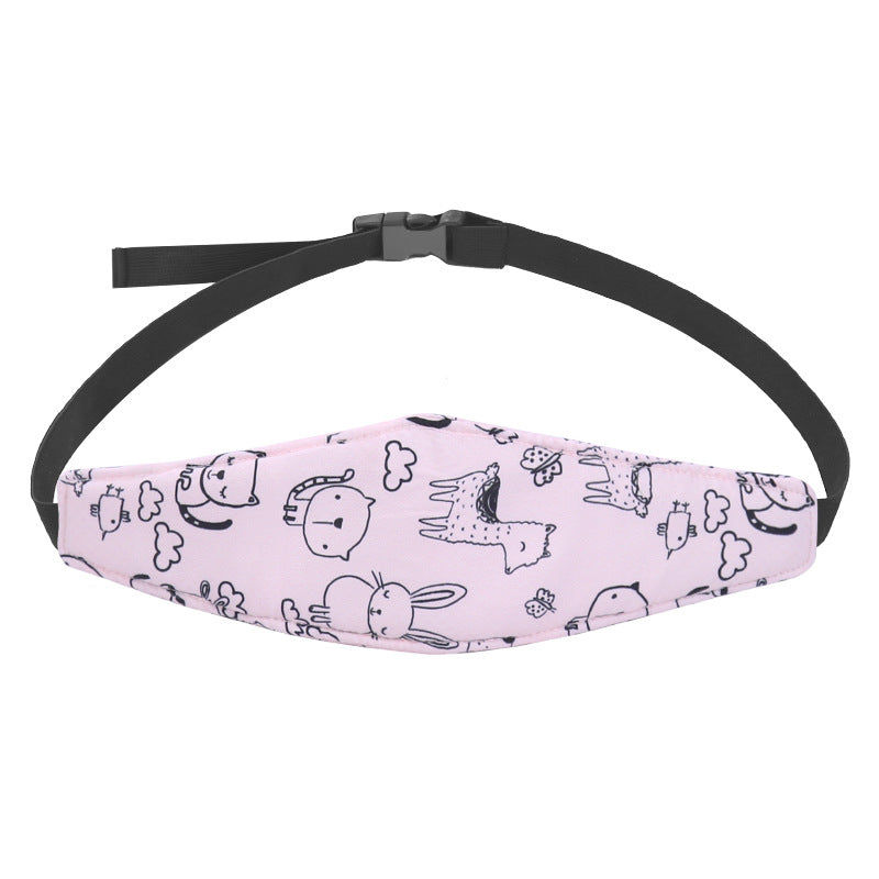 Pink adjustable car seat head support for children, offering toddler neck support & cozy travel sleep.