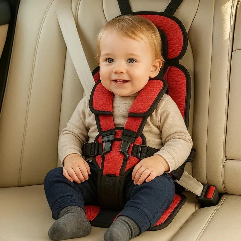 Toddler's compact foldable car seat, a portable travel safety solution with harness.