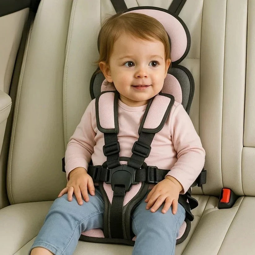 Foldable portable car safety seat for kids, ensures secure and easy travel.