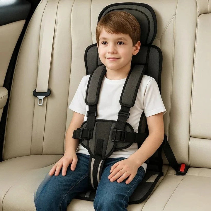 Travel car seat for children, a compact and foldable safety harness solution.