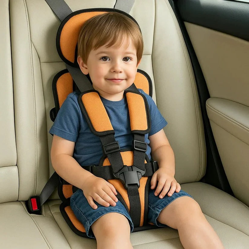 Children's portable safety car seat, foldable design for travel convenience and security.