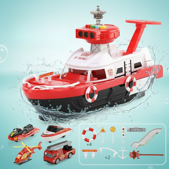 Colorful children's interactive musical toy boat with flashing lights & sounds, perfect for imaginative play.