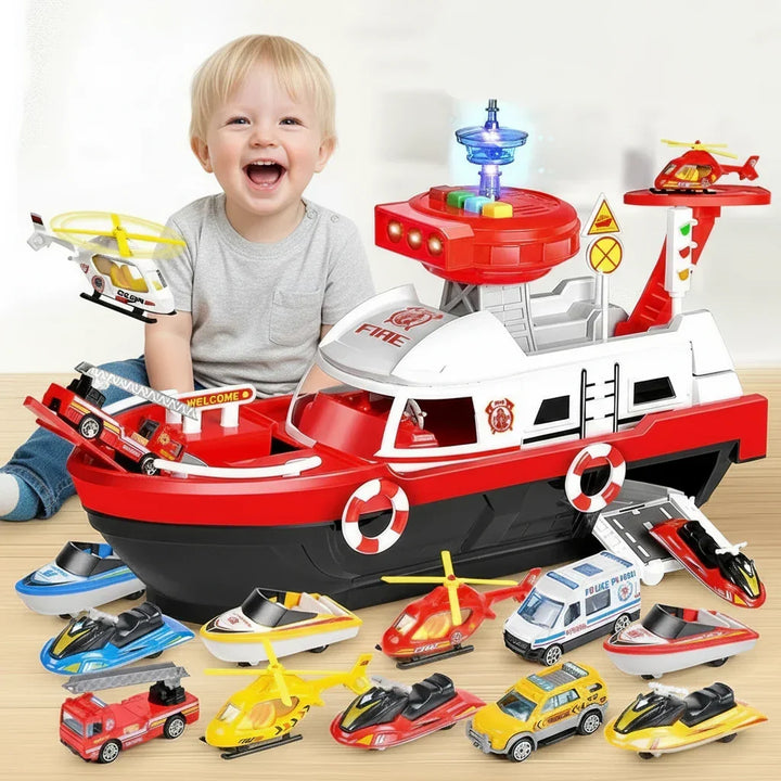 Happy child playing with a children's interactive musical toy boat, enjoying lights and cheerful sounds.
