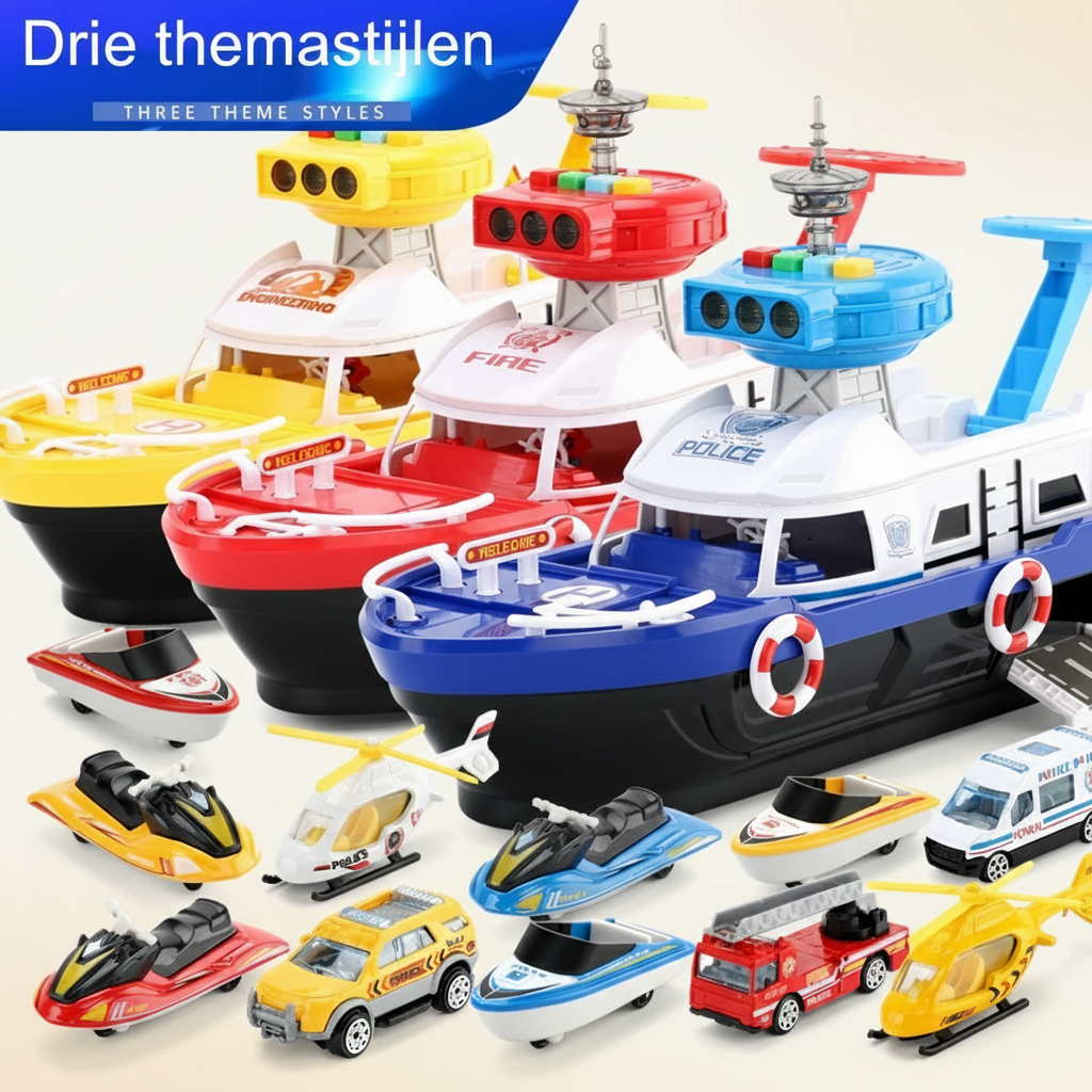 Close-up of the children's musical toy boat showing interactive buttons, bright lights, and speaker detail.
