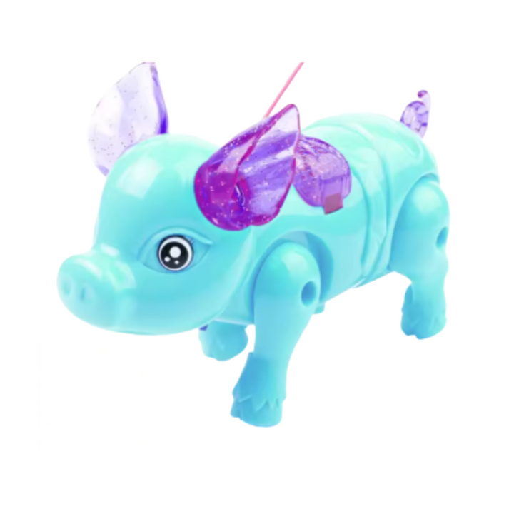 Interactive walking musical pig toy with flashing lights & sounds for children. A fun light-up animal toy.