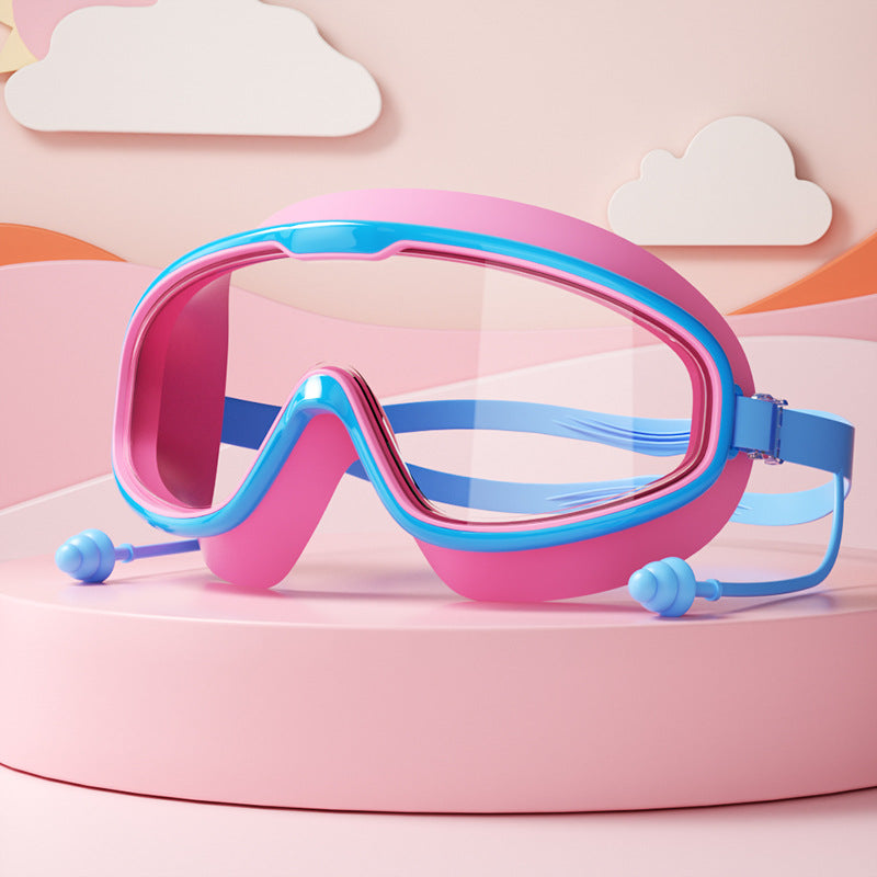 Close-up of children's swim goggles, highlighting anti-fog lenses & soft, comfortable eye seals for kids.